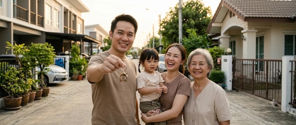 ครอบครัวสามรุ่นยิ้มและถือพวงกุญแจรูปบ้านหลังใหม่ หน้าบ้านในหมู่บ้าน